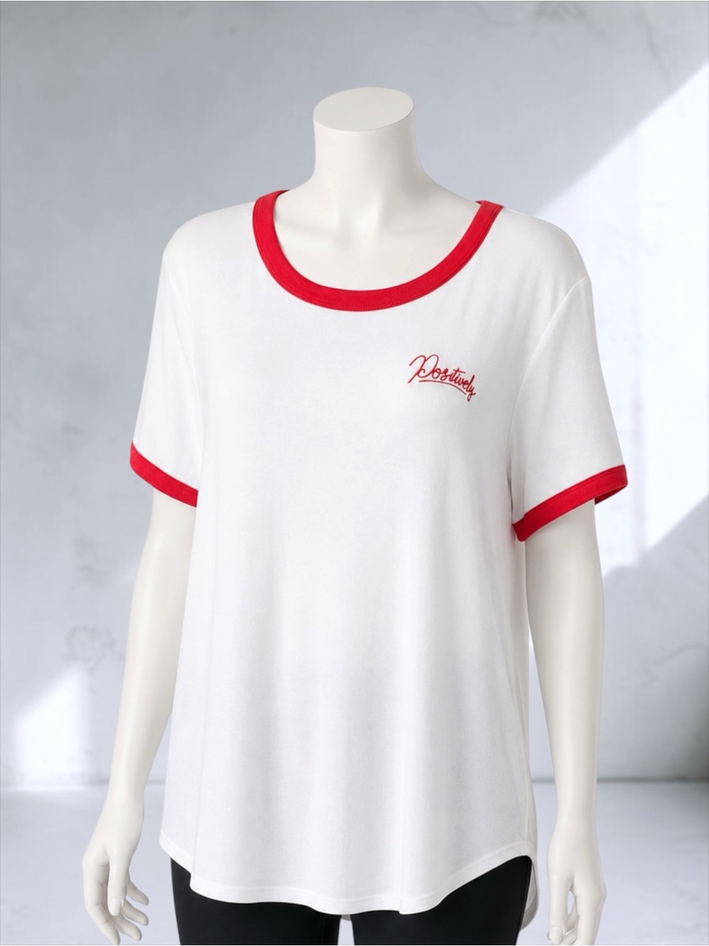 White Ringer Tee with Red Trim and "Positively" Script - Picture 5 of 14